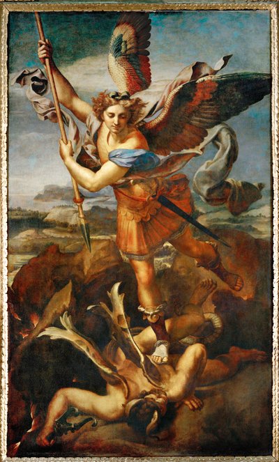 De aartsengel Michael die de demon ... door Raphael (1483-1520)