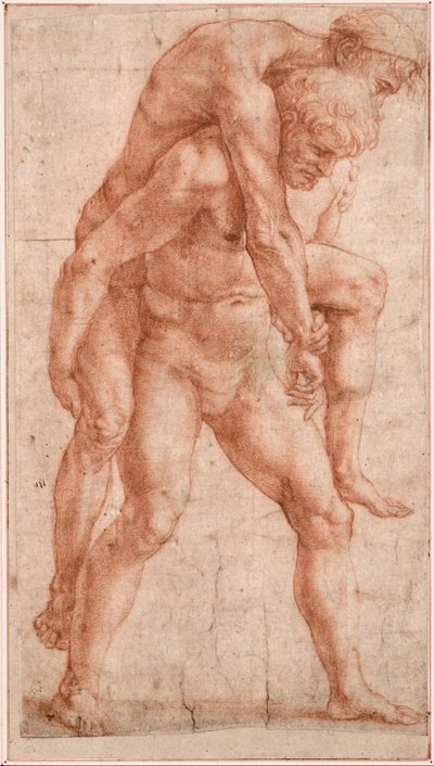 Jonge man die een oude man op zijn rug draagt (Aeneas en Anchises) (sanguine op papier) door Raphael (1483 1520)