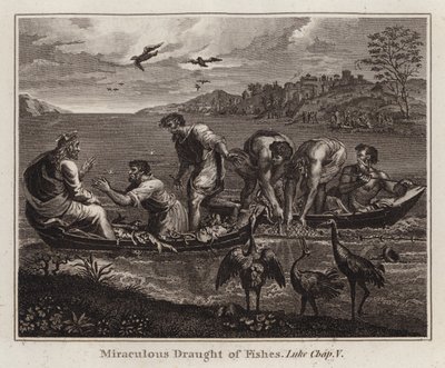 Raphael cartoon: Wonderbaarlijke visvangst, Lucas, Hoofdstuk V (gravure) door after Raphael