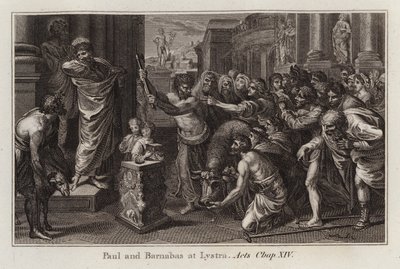 Raphael cartoon: Paulus en Barnabas in Lystra, Handelingen, Hoofdstuk XIV (gravure) door after Raphael