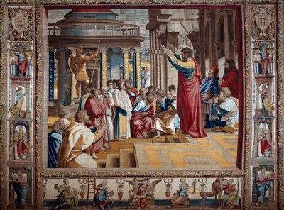 De apostel Paulus predikt in de Areopaag van Athene Wandtapijt naar schildering op karton door Raffaello Sanzio (Raphael) (1483-1520), begin 16e eeuw Mantua, hertogelijk paleis door after Raphael
