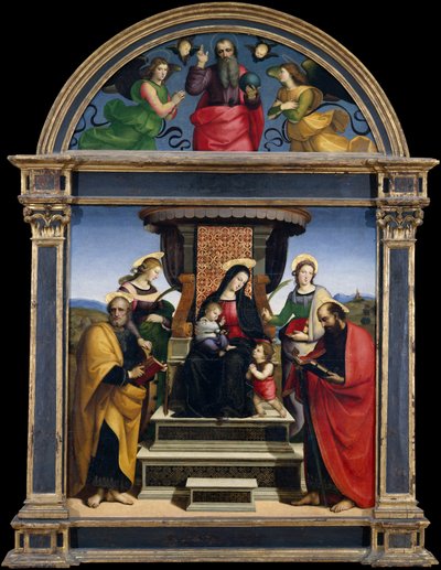 Madonna en Kind op de troon met heiligen door Raphael