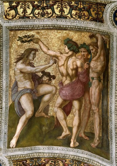 Marsyas en Apollo. Plafondfresco in Stanza della Segnatura, ca. 1510-1511 door Raphael
