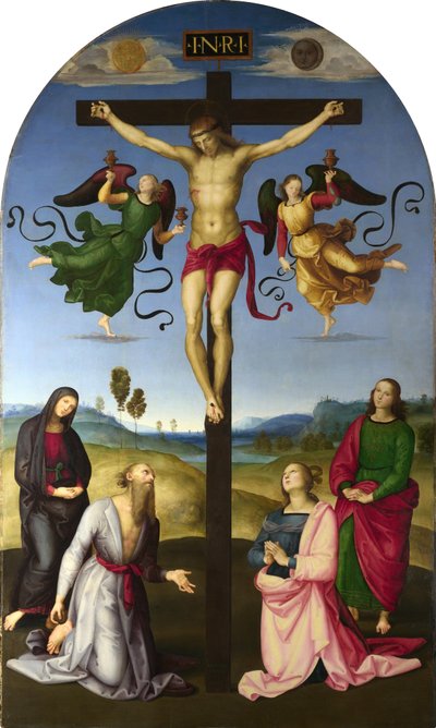 De gekruisigde Christus met de Maagd Maria, heiligen en engelen door Raphael