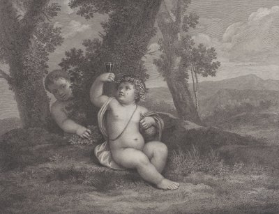 De jonge Bacchus zittend onder een boom, een wijnglas ophoudend, met een andere jonge achter hem, 1780 door Raphael Morghen