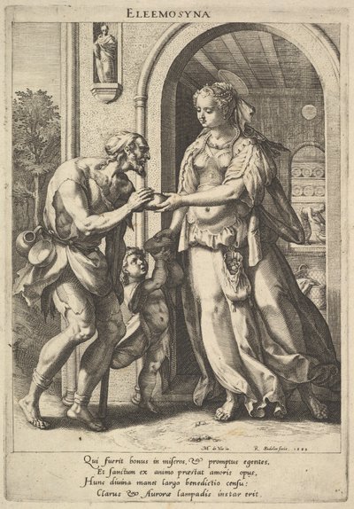 Liefdadigheid: een vrouw met parelhoofdtooi en halo geeft brood aan twee mannelijke bedelaars, 1589 door Raphael Sadeler
