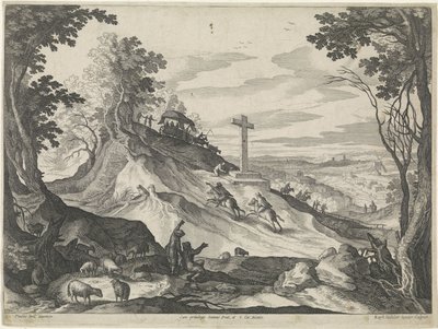 Landschap met een kruis op een heuvel door Raphaël Sadeler (II)