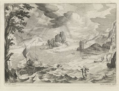 Zeegezicht met Christus en zijn leerlingen in de storm op het meer van Galilea door Raphaël Sadeler (II)