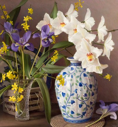 Orchidee met Japanse vaas (olieverf op board) door Raymond Booth