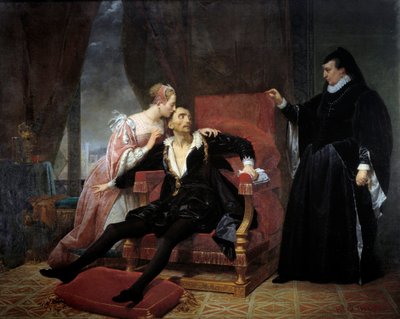 De dood van koning Karel IX (1550-1574). De koning stierf aan longontsteking in het kasteel van Vincennes, rechts zijn moeder Catherine de Medici. door Raymond Quinsac Monvoisin