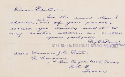 Brief aan de redacteur, 1914-18 door Reg G. Preston
