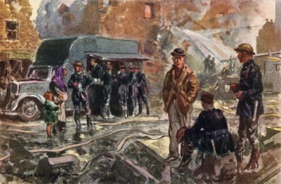 Brandweerlieden van de Britse Nationale Brandweer gebruiken een mobiele kantine tijdens de Blitz, Tweede Wereldoorlog door Reginald Mills
