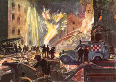 Brandweerlieden van de Britse Nationale Brandweer tijdens de oorlog die een brandende gasleiding blussen tijdens de Blitz, Tweede Wereldoorlog door Reginald Mills