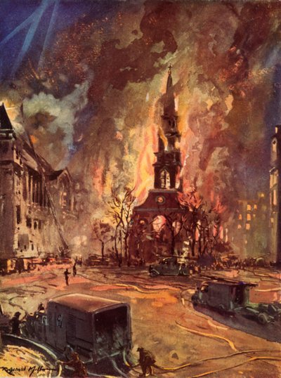 St. Clement Danes Church, Strand, Londen, in brand tijdens de Blitz, Tweede Wereldoorlog door Reginald Mills