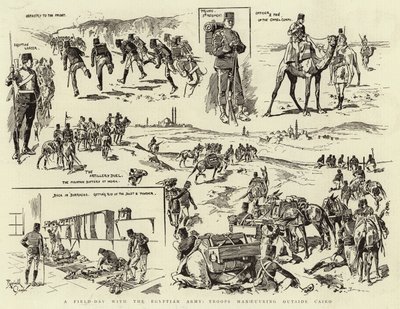 Een velddag met het Egyptische leger, troepen manoeuvreren buiten Caïro (gravure) door Reginald Thomas Cleaver