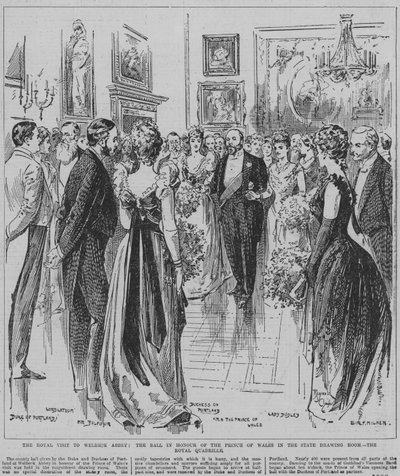 De koninklijke quadrille dansen op het bal ter ere van de prins van Wales in de salon van Welbeck Abbey, Nottinghamshire door Reginald Thomas Cleaver