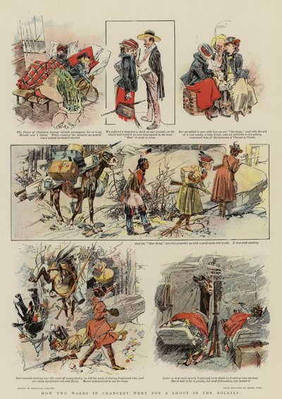 Hoe twee afdelingen in de kanselarij gingen schieten in de Rockies (kleurenlitho) door Reginald Thomas Cleaver