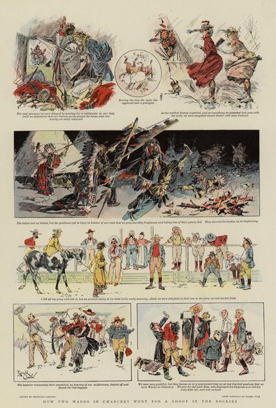 Hoe twee afdelingen in de kanselarij gingen schieten in de Rockies (kleurenlitho) door Reginald Thomas Cleaver