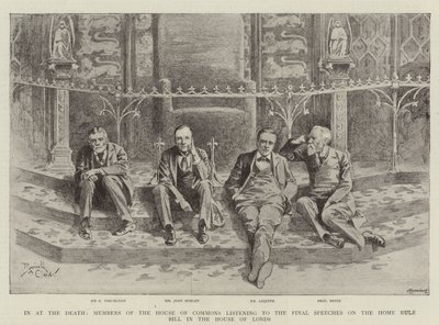 Leden van het Lagerhuis luisteren naar de laatste toespraken over de Home Rule Bill in het Hogerhuis (gravure) door Reginald Thomas Cleaver