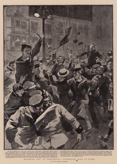 "Mafeking Day" in Portsmouth, Commercial Road bij nacht (litho) door Reginald Thomas Cleaver