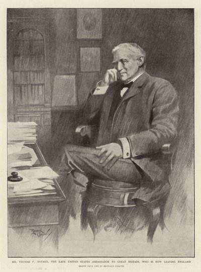 De heer Thomas F Bayard, de overleden ambassadeur van de Verenigde Staten in Groot-Brittannië, die nu Engeland verlaat (litho) door Reginald Thomas Cleaver