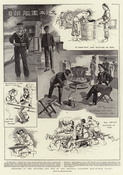 Schetsen van de officieren en manschappen van het keizerlijke Japanse oorlogsschip "Asahi" (litho) door Reginald Thomas Cleaver