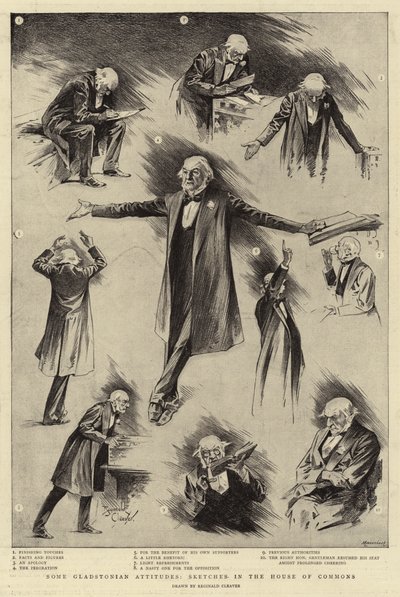 Enkele Gladstoniaanse houdingen, schetsen in het Lagerhuis (gravure) door Reginald Thomas Cleaver