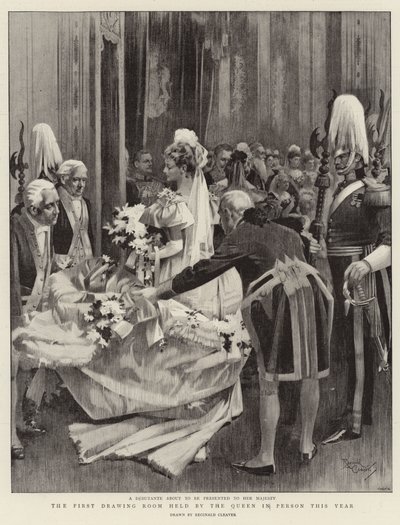 De First Drawing Room gehouden door de Koningin in eigen persoon dit jaar (litho) door Reginald Thomas Cleaver