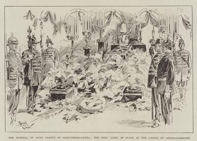 De begrafenis van hertog Ernest van Saksen-Coburg-Gotha, het lichaam liggend in het kasteel van Reinhardsbrunn (gravure) door Reginald Thomas Cleaver