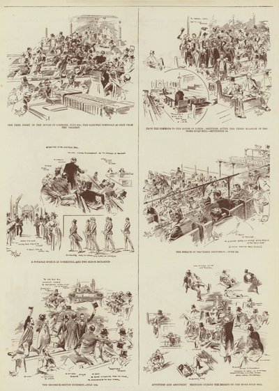 De Home Rule Sessie, enkele "Daily Graphic" schetsen in het parlement (gravure) door Reginald Thomas Cleaver