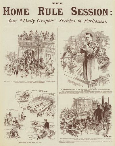 De Home Rule Sessie, enkele "Daily Graphic" schetsen in het parlement (gravure) door Reginald Thomas Cleaver