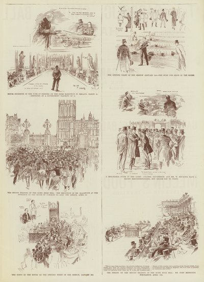 De Home Rule Session, enkele "Daily Graphic" schetsen in de Commons (gravure) door Reginald Thomas Cleaver