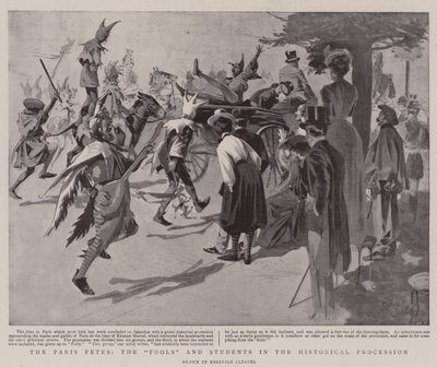 De Parijse Feesten, de "Dwazen" en studenten in de Historische Processie (litho) door Reginald Thomas Cleaver