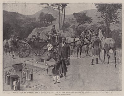 De koningin in Cimiez, Hare Majesteit met thee langs de weg tijdens een middagrit naar Falicon (litho) door Reginald Thomas Cleaver