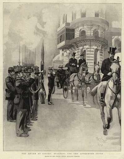 De koningin bij Cimiez, vertrek voor de middagrit (litho) door Reginald Thomas Cleaver