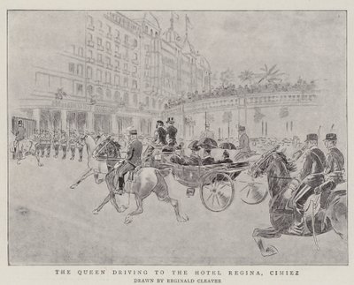 De koningin rijdt naar Hotel Regina, Cimiez (gravure) door Reginald Thomas Cleaver