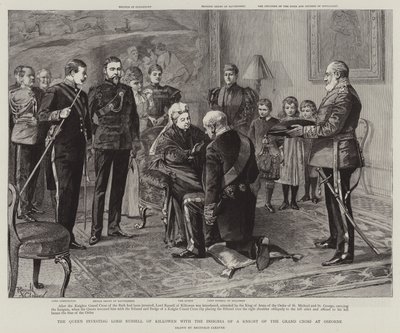 De Koningin investeert Lord Russell of Killowen met het Insigne van een Ridder van het Grootkruis in Osborne (gravure) door Reginald Thomas Cleaver