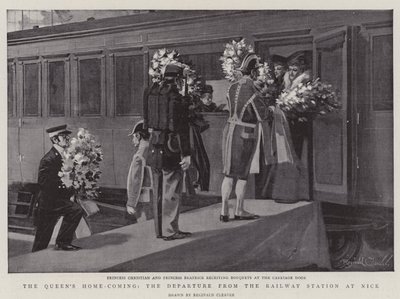 De thuiskomst van de koningin, het vertrek vanaf het station in Nice (litho) door Reginald Thomas Cleaver