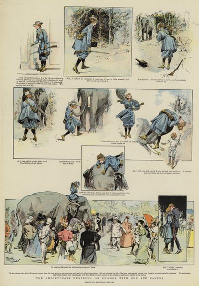The Unfortunate Huntress, een aflevering met geweer en camera (chromolitho) door Reginald Thomas Cleaver