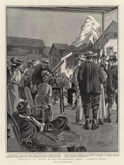 De beklimming van de Matterhorn vanuit een hotel in Zermatt (litho) door Reginald Thomas Cleaver