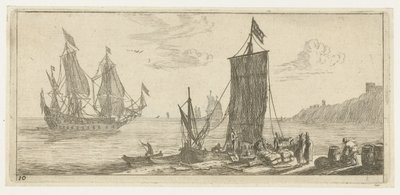 Baai met een hoeker en een oorlogsschip door Reinier Nooms
