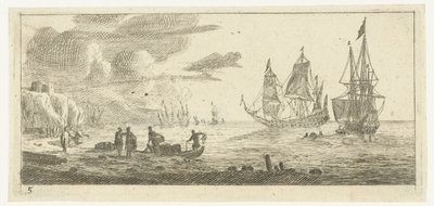 Zeehaven met twee grote zeilschepen door Reinier Nooms
