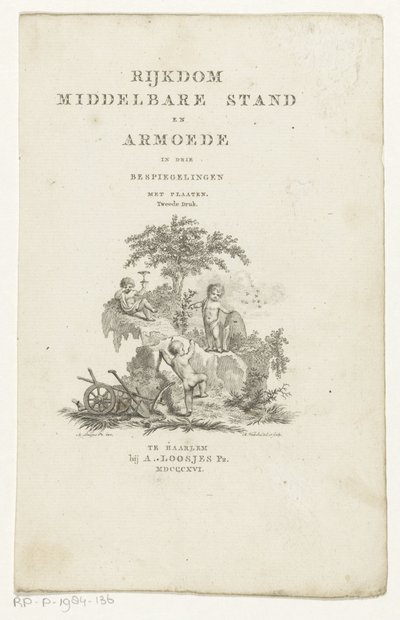 Drie putti met attributen in een berglandschap door Reinier Vinkeles (I)