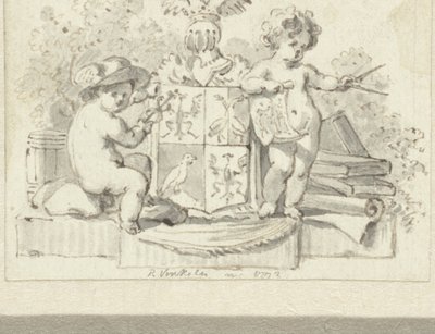 Twee putti, met passer en aesculaap, bij het familiewapen van Schoemaker door Reinier Vinkeles (I)