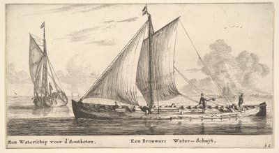 Een waterschip dat water draagt voor zoutwerken en een ander dat water draagt door Reinier Zeeman