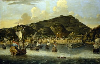 Nederlandse schepen voor de kust van Tripoli (Libië), met de versterkte muren van de haven en de stad door Reinier Zeeman