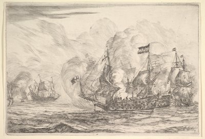 Zeeslag met Drie Schepen aan de Rechterkant, uit Zeeslagen Nieuwe Scheepsgevechten door Reinier Zeeman