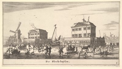 Winterscène bij het blokhuis in Amsterdam, 17e eeuw door Reinier Zeeman