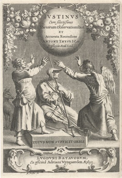 Minerva en twee geketende figuren Titelpagina voor: A. Thysius, Justinus cum selectissimis variorum observationibus et accurata recensione, 1650 door Reinier van Persijn