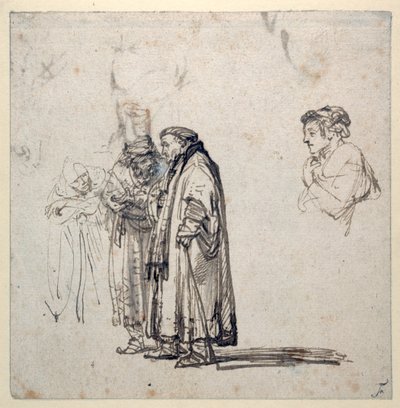 Een groep oudere geleerden en, afzonderlijk, een jonger mannenprofiel door Rembrandt Harmensz. van Rijn